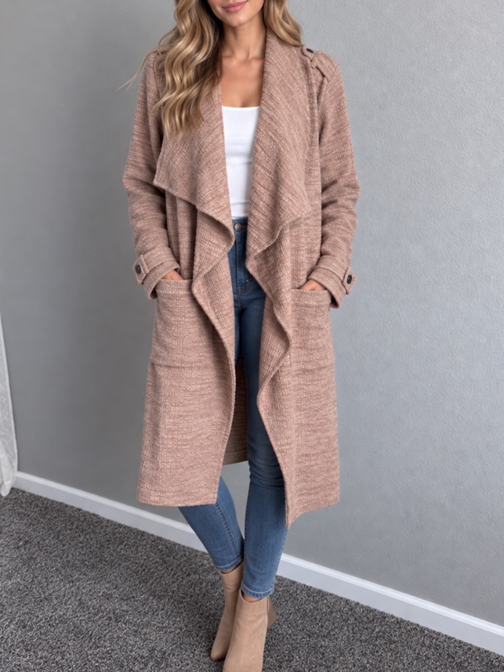BB Dakota Trench Revolution Boho Drapey Coat Knit Textured Mauve Pink Small